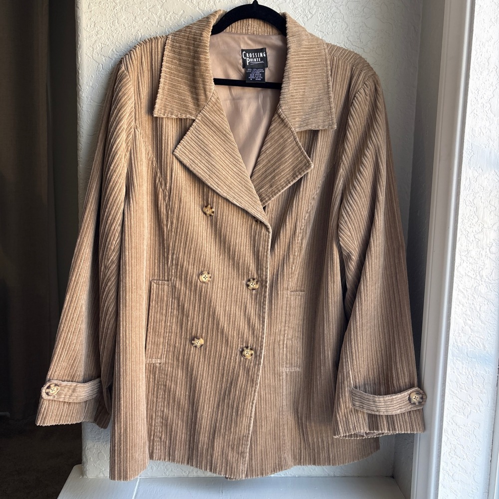 Crossing Pointe Women 16 Jacket 90s Corduroy Tan Vintage Double Breasted Lined